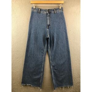 Zara Blue Denim Wide Leg Jeans Raw Hem High Waist Womens Size 10